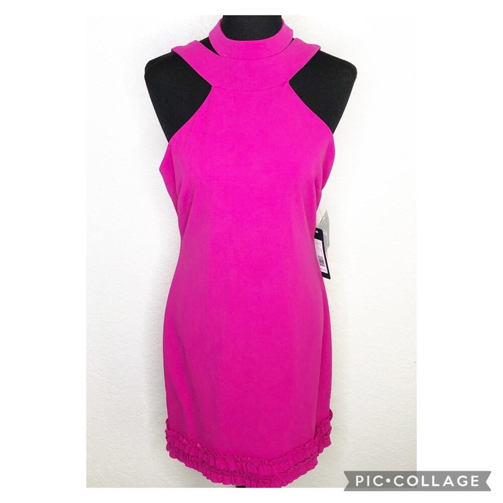 Bebe bright pink halter neck open back sleeveless ruffle hem dress Large NWT